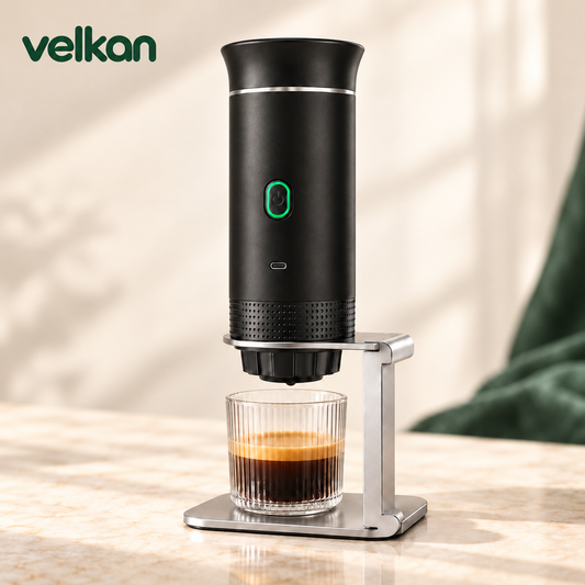 Kaldova portable espresso maker in black with a brewing stand and detachable cup